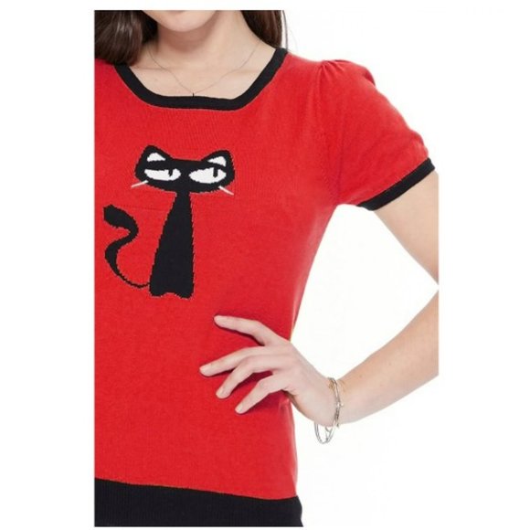 Women's Short Sleeve Crewneck Cat Print Casual T-Shirt Sweater - Picture 2 of 4